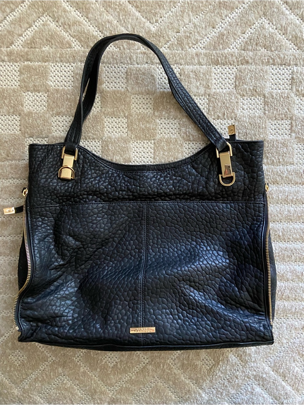 Vince Camuto Black Pebbled Leather Shoulder Tote with Gold Hardware
